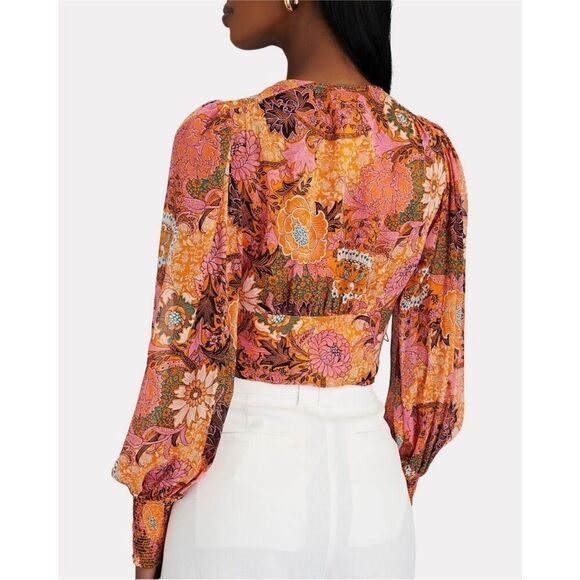 A.L.C. Samara Silk Floral Cropped Top Orange Pink Long Sleeve Blouse size 00 - Picture 5 of 13